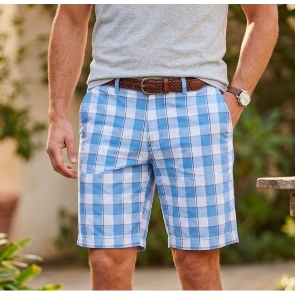Tommy Bahama Men's Blue White Buffalo Check Plaid Shorts Size 33 Nylon Casual